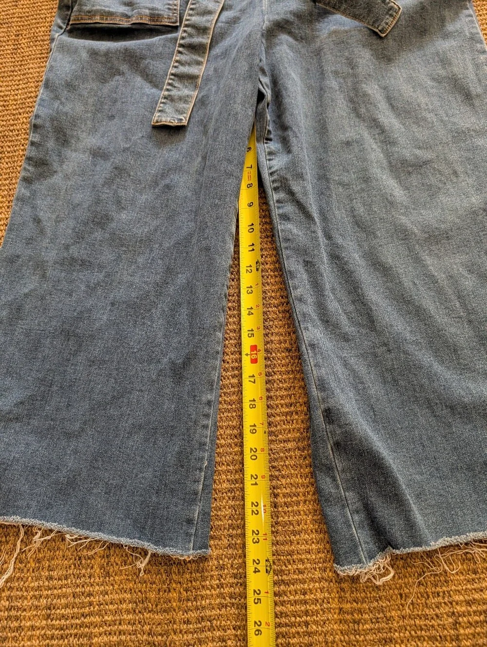 Forever 21 Blue Denim Short-Sleeve Zip Jumpsuit with Tie Belt Raw Hem